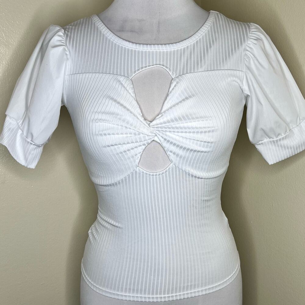 Jolie & Joy Ribbed Top Small Womens Keyhole Twist Front Puff Sleeve Chic Poplin